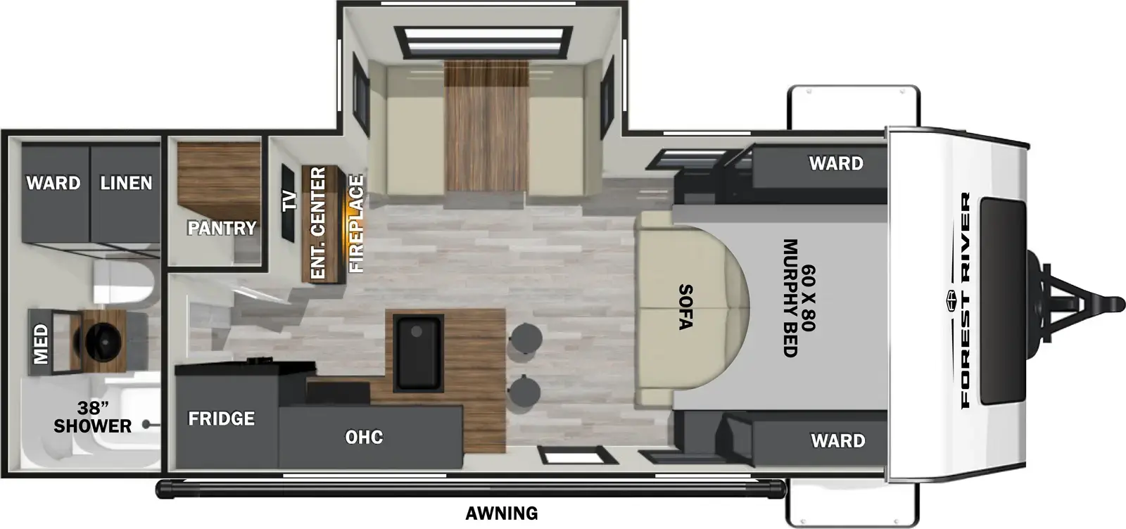 The Ibex 20MDS floorplan has one entry and one slide out. Exterior features include: fiberglass exterior. Interiors features include: murphy bed and rear bathroom.